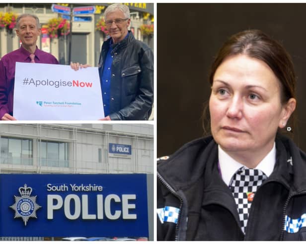 Chief constable of South Yorkshire Lauren Poultney, right, has apologised over historic persecution of the LSBQ+ community by police. Pictured top right are Peter Tatchell and Paul O'Grady, and bottom left is a South Yorkshire Police logo