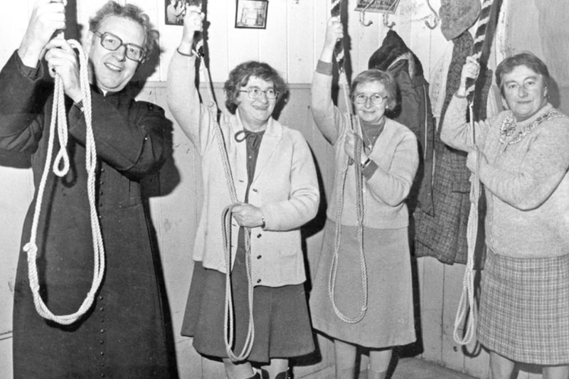 Still ringing after 35 years were Vicar of St Hilda's, the Rev Jim Vincent and the three Softley sisters who began a family tradition of bell ringing. Left to right are: Enid, Kath and Brenda. Photo: Shields Gazette