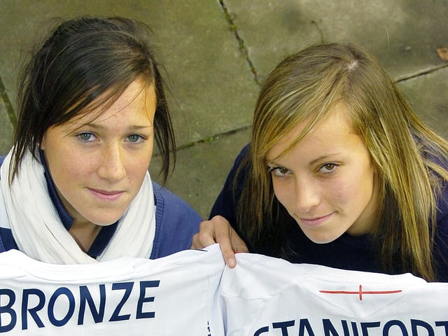 Lucy Bronze and Lucy Staniforth proudly hold their England shirts in 2008.