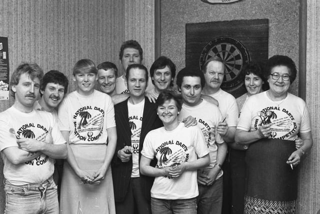 Players at the Dolphin Hotel, Farringdon during a sponsored 24 hours darts marathon in 1984.