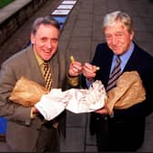 Fish and chip supper for Harry Gration and Michael Parkinson at Abbeydale Sports club.before the Sheffield Cricket Lovers meeting