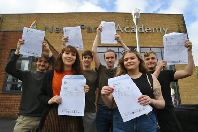 Students picking up results at  Nene Park Academy (pictured from left to right by David Lowndes: Amber Bunning, Eva Woods, Callum Letman, Jacob Norris, Josh Ford and Louis Westwood).