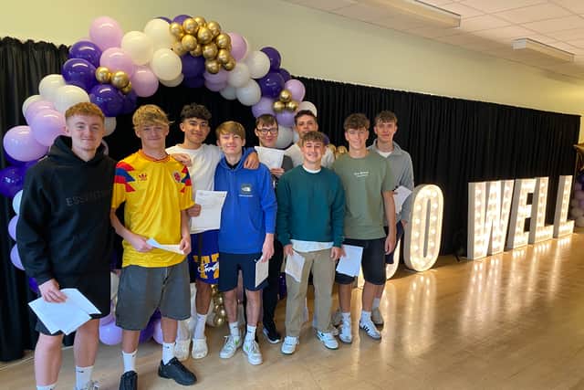 Outwood Academy Newbold A Level Results Day L-R Adam Newton, Oliver Newton, Thailer Emmerson, Cody Marvin, Ben Saint, Ryan Waters, Dan Boot, Barney Stark and Joe Hughes.