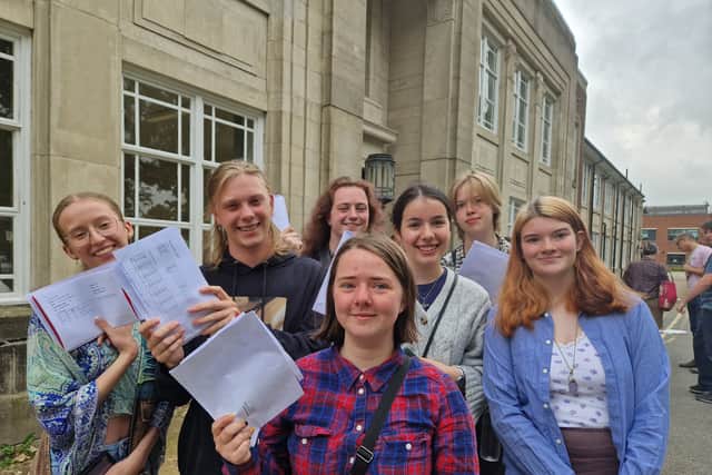 A Level results day at High Storrs School. Pictured left to right are Tully Simpson, Tom Coates, Charlie Vaughan, Martha Rushden, Katharine Fenton-Smith, Emma Swift and KAtie Foster.