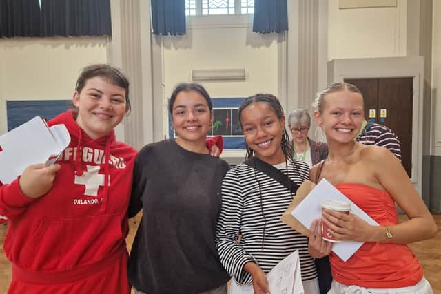 Corin Yates, Jazzi Hart, Ruby Waldron, and Matilda Turner celebrate their results at High Storrs School.