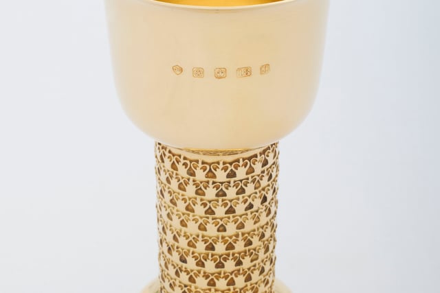 The cup was designed for the Assay Office's 200th anniversary, in 1973. It was designed by Geoffrey Alsop and made by Jack Spencer.