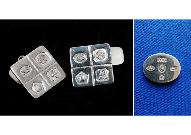 The pair on the left, marked in 1985, are made of platinum. On the right, you can see the coronation hallmark on an older cufflink made by William Yates.