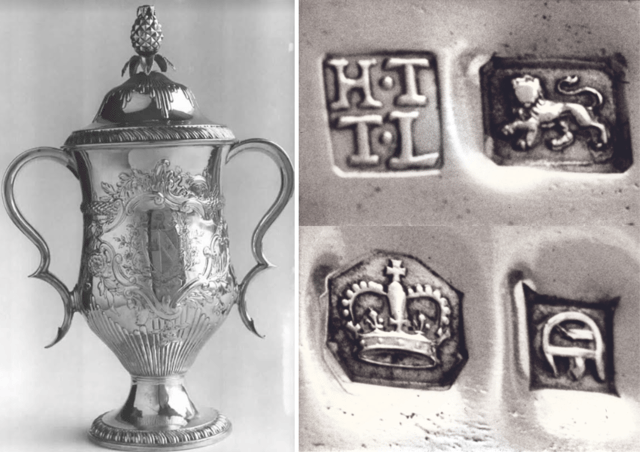 The first item to be hallmarked at Sheffield Assay Office on 20th September 1773, with the distinctive symbols on the right. The cup and cover was made by Henry Tudor and Thomas Leader.