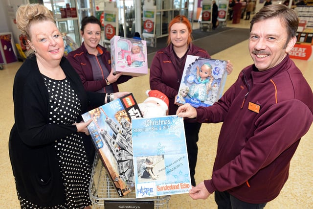 Such a cheery moment from 7 years ago.
Viv Watts, Chief Executive of Hope for Kids, is presented with toys by Sainsbury's Silksworth Lane staff (left to right) Helen Williamson, Helen Brown and Rob Fraser. 
