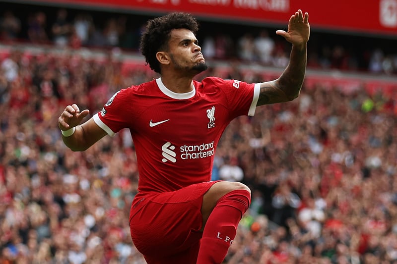  Luis Diaz of Liverpool celebrates after scoring the team's first goal during the Premier League match between Liverpool FC and AFC Bournemouth at Anfield on August 19, 2023 in Liverpool, England. (Photo by George Wood/Getty Images)