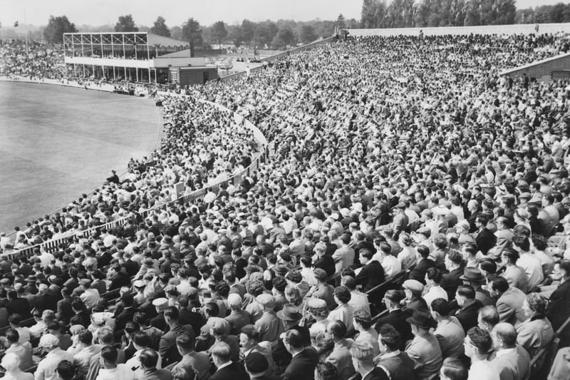 Crowds of spectators in the grandstand and the Pavilion look on during the third day of the first Test match of the series between England and the West Indies on 1 June 1957 at the Edgbaston Cricket Ground in Birmingham, United Kingdom.  (Photo by Central Press/Hulton Archive/Getty Images).