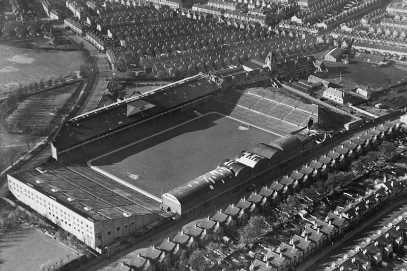 An aerial view of the Villa Park football ground, home to the Aston Villa football team and the streets and houses surrounding it on 1 May 1951 at the Villa Park football stadium in Aston, Birmingham, United Kingdom.  (Photo by Fox Photos/Hulton Archive/Getty Images).