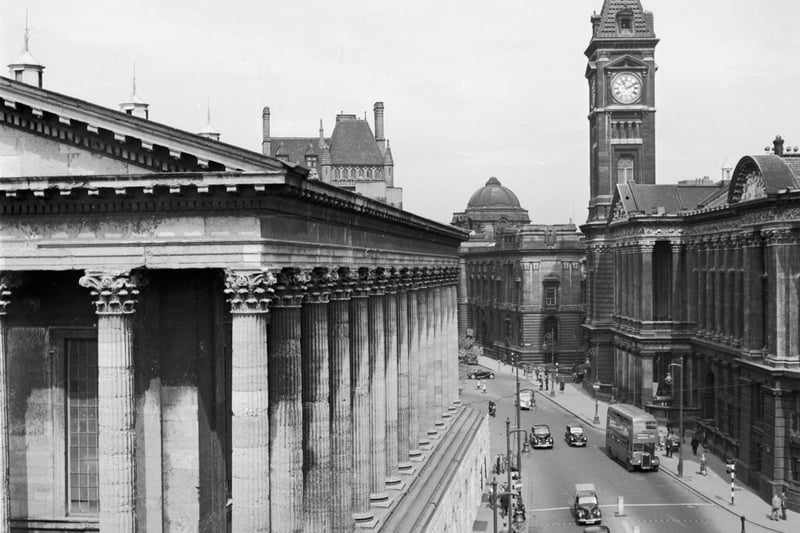 The Town Hall in Birmingham (left). Its forty Corinthian columns are based on the design of the Temple of Jupiter in Rome.  (Photo by Three Lions/Getty Images)