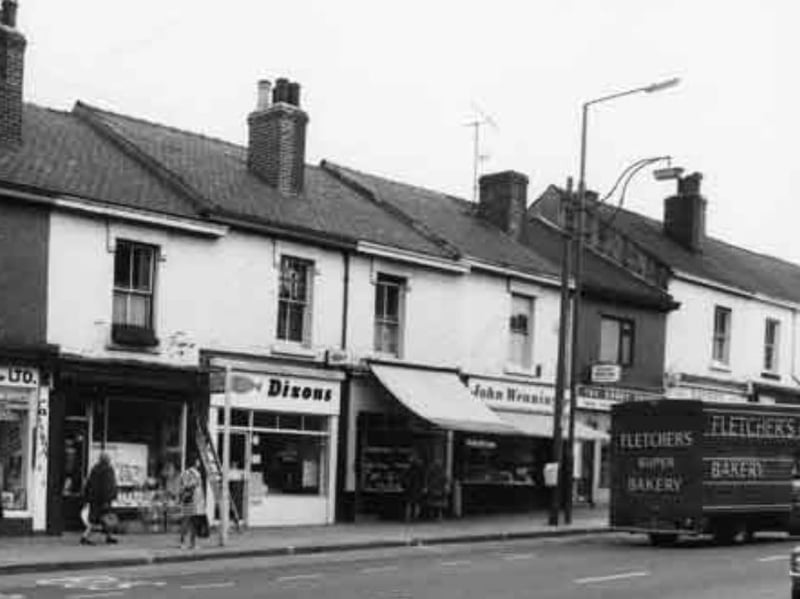 London Road, Sheffield, in 1975, showing Fletchers bakery, Seaman photographers shop, K.W.Dixon, fish and chip shop, and John Wenninger pork butchers. Photo: Picture Sheffield