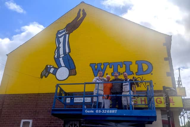 Leo Grayson, Mick Bannon, Glenn Poulton and Pete McKee after completing their Sheffield Wednesday mural.