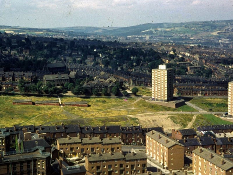 The view from the University of Sheffield Arts Tower in 1966, showing Winter Street Hospital (bottom left), Mushroom Lane, Summer Street and Martin Street flats. Photo: Picture Sheffield/Mr. Row