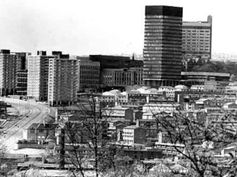 View of Netherthorpe, Sheffield, in 1979, showing (left) Netherthorpe Road (left middle) Netherthorpe and Netherthorpe Street flats and (top centre) the University of Sheffield Arts Tower and Royal Hallamshire Hospital. Photo: Picture Sheffield/Sheffield Newspapers