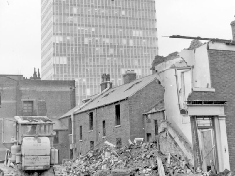 Demolition of houses on Western Bank, Sheffield, in 1966m with the University of Sheffield Arts Tower in the background. Photo: Picture Sheffield/Sheffield Newspapers Ltd