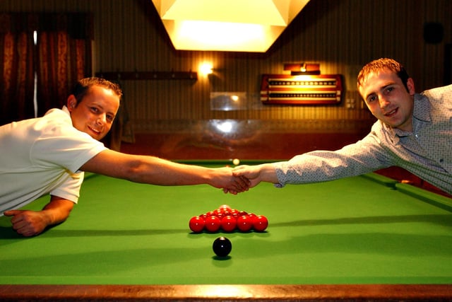 Tony Crawley and Paul Kirsop shake hands before the First Division final of the Sunderland Snooker League in 2003, at Mill View Club.
