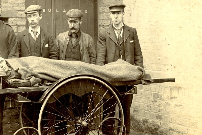 The old Motherwell Ambulance Service, this picture was taken around 1908 - evident in the Victoria era stretcher with four spoked wheels.