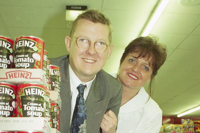 Kevin Kennedy, alias Curly Watts from Coronation Street with Job Lot manageress Angela Callaghan, Holmeside, in 1994.