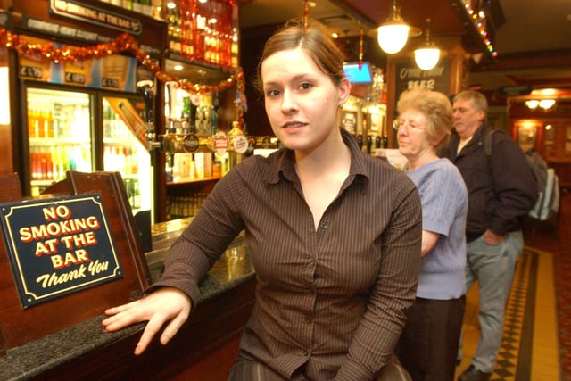 Sian Gray at the bar of the pub in 2004.