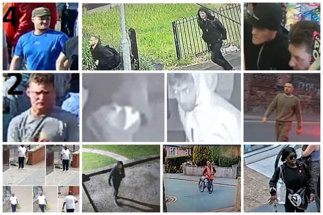 These pictures show 14 people who police want to speak to in connection with appeals they have made over the last month