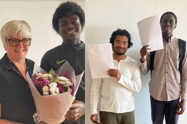 Kayva Patel, Anthony Okunnuga and Hawkins Udaigwe celebrated their GCSE results as principal Michelle Strong was presented with flowers.