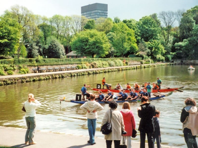 Dragon Boat Festival in Crookes Valley Park, Sheffield, in May 2007, with the University of Sheffield Arts Tower in the background. Photo: Picture Sheffield/Jean Moulson