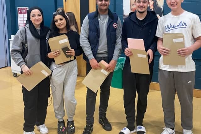 Ayaat Abo-Gulel,  Zara Aziz,  Armaan Iqbal, Danish Khan and Marcus Daglish (from left to right) collected their GCSE results at Landau Forte College.