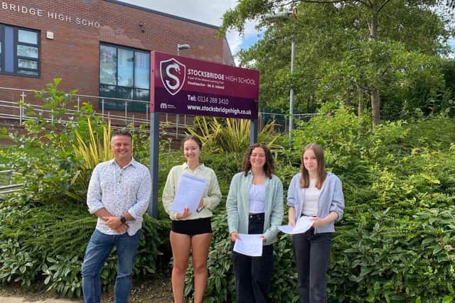 Pictured receiving their results with headteacher, Andy Ireland are Lilli Webster, MeganHoward and Alice Stavert-Dobson.
