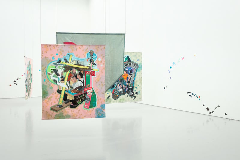 On at Spike Island is an art exhibition by Flo Brooks exploring trans and gender-nonconforming histories through painting and assemblage. The show, called Harmonycrumb, includes seven acrylic paintings appliqued onto found fabric, and six assemblages comprised of lino flooring cutouts and handmade objects. 