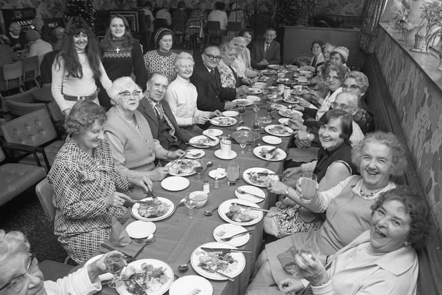 Some of the 60 pensioners from Grindon who had a slap up Christmas lunch at the pub in 1977.