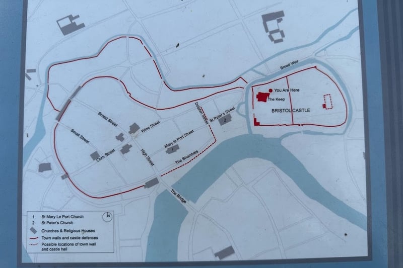 A map on display at Castle Park showing the outline of the castle along with the possible locations of the town wall and castle hall.