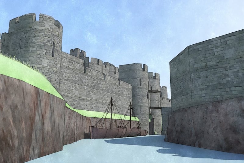 A reconstruction of the view from a boat approaching Bristol Castle’s Water Gate from the Avon