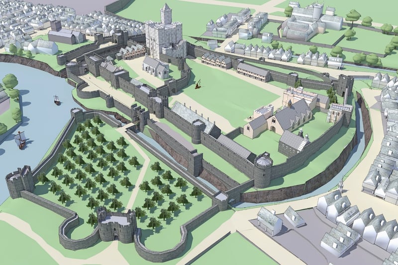 An aerial view of Bristol Castle reconstructed, looking from the south east. An impression of the site in the late medieval period, recreated from archaeological and documentary records