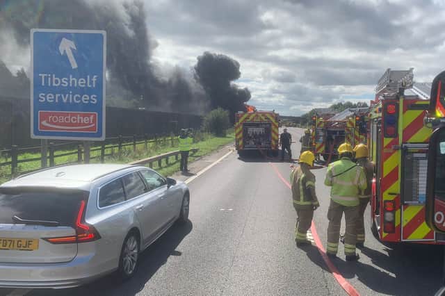The scene of the fire on Tuesday on the M1 after a tanker caught light. Firefighters were concerned over a possibly explosion and have now explained the cause of the fire. Picture: Derbyshire fire service