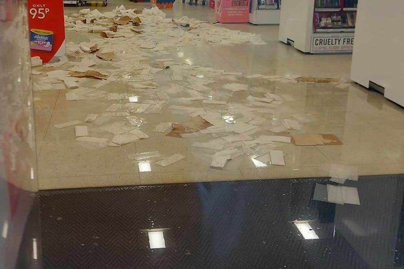 Tissues were put down to soak up some of the water on the floor at Boots at Avonmeads (Photo credit: Karen Gibbs-Pearce)