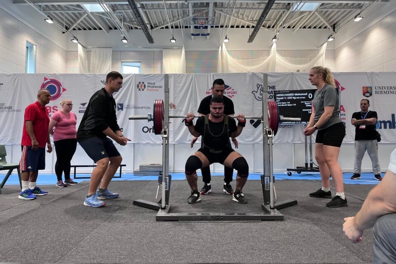 Mohamed Abdelhamed in the first round of the category 110kg is lifting 220kg in squad at the King Edward’s School in Birmingham in the 2023 IBSA World Games