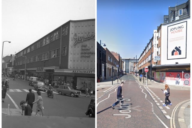 John Street in 1962 outside a busy Joplings - and again in April last year (Google Maps)