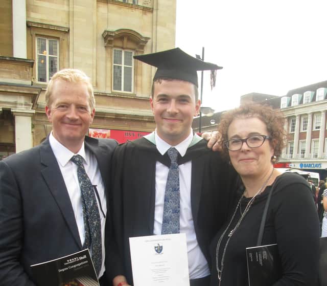 Jack and his parents, Liz and Charles, at his graduation from the University of Hull