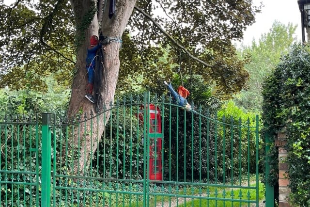 An old red telephone box and Spiderman can be spotted through these gates next to Redland Green Farm house.