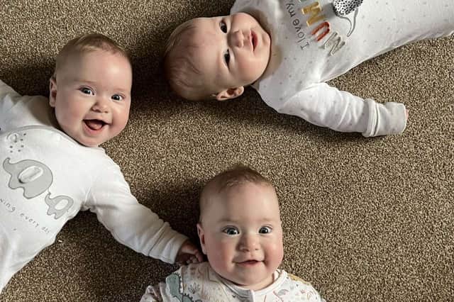 Now one-year-old triples Thea, Lily and Esmae.  Picture: Jake Hammerton / SWNS