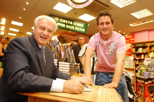 The football legend took time to sign a copy of his autobiography for John Houghton from Hetton.