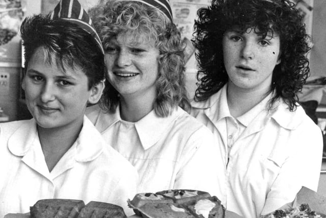 St Wilfrids Comprehensive School students, from left to right, Julie O’Neil, Joanne Gibbons and Mandy White with waffles and toppings they sold to fellow pupils in 1987. Who can tell us more about the event?