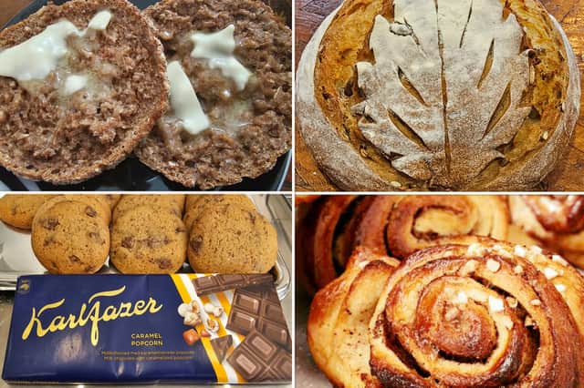 Pictured is Cafe Nort's sourdough rye bread, sourdough toasted pumpkin seed loaf, cookies with Finnish chocolate and Finnish cinnamon buns.