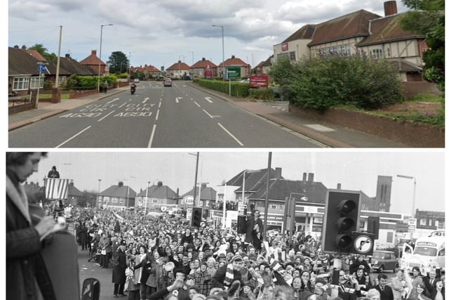 The Barnes roundabout during the 1973 FA Cup homecoming parade, and pictured in 2023 (Google Maps)