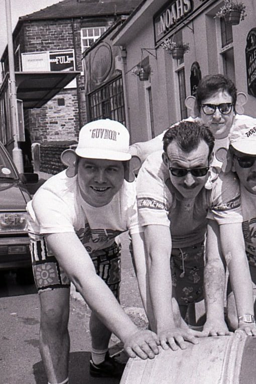 A barrel push outside the Noah's Ark Pub in Crookes, Sheffield, in May 1990 for Telethon 90, a 27-hour charity extravaganza at Concord Sports Centre