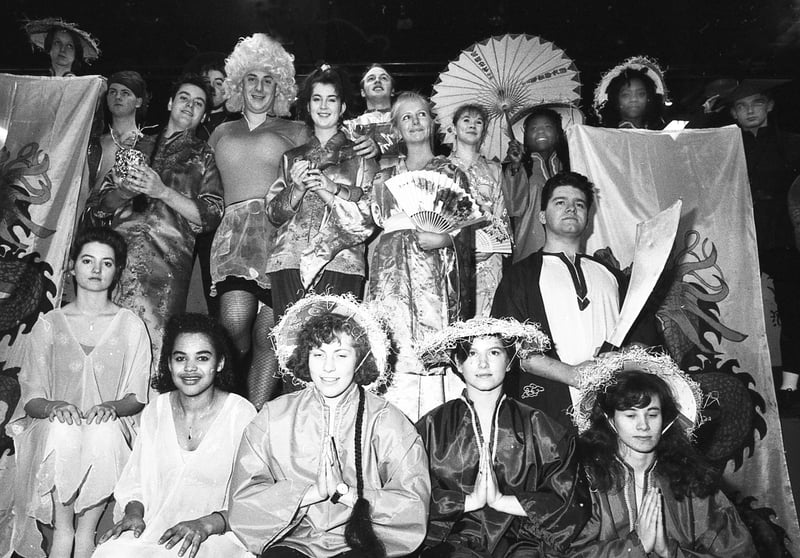 The cast of the Norton College Pantomime, Aladdin, in December 1990