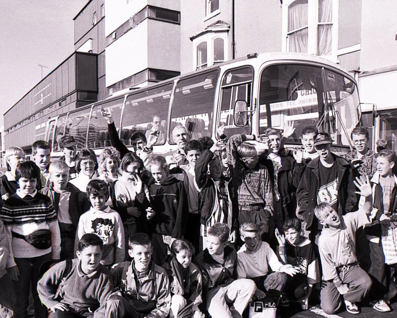 Sheffield newsboys ready for their trip to the American Adventure Theme Park in September 1990